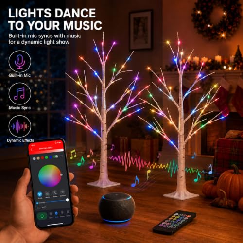 2FT RGB Lighted Birch Trees Set - App & Remote Control, 2 Pack