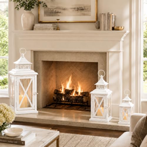 White 20”, 13”, & 9” Decorative Lantern Set - Indoor & Outdoor Candle Holders - Farmhouse Style - Variation: White / 20” & 13” & 9” / 3 Pcs