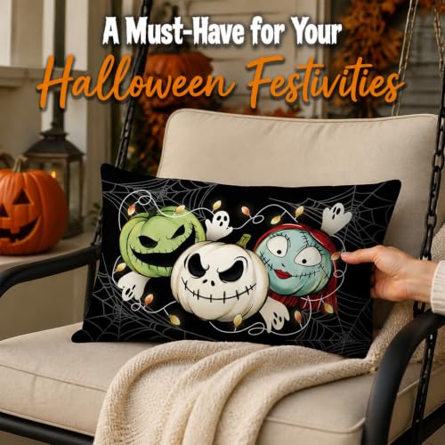 Halloween Pillow Cover 12x20 Inch Black Cushion Case Spooky Skeleton & Rag Doll Design