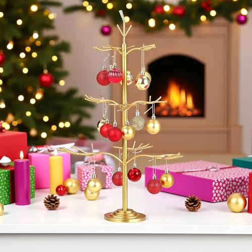 Gold Ornament Display Tree Stand, Metal Branch Design for Holiday & Year-Round Decor