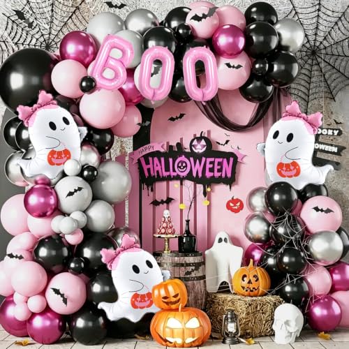 Pastel Pink Ghost Balloons Set with Bows & Pumpkins - Halloween Party Decor