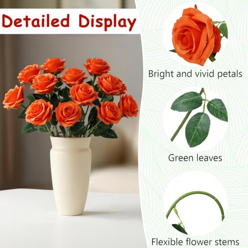 Artificial Orange Rose Flowers with Stems - 12 Pack, Realistic Silk Blooms