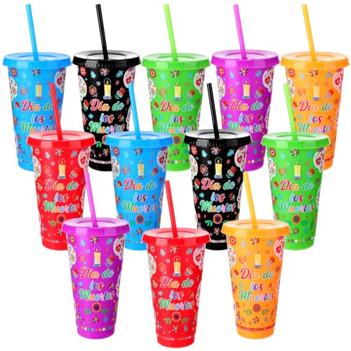 12 Pack Reusable Plastic Day of the Dead Cups with Lids & Straws, 24 oz Fiesta Design