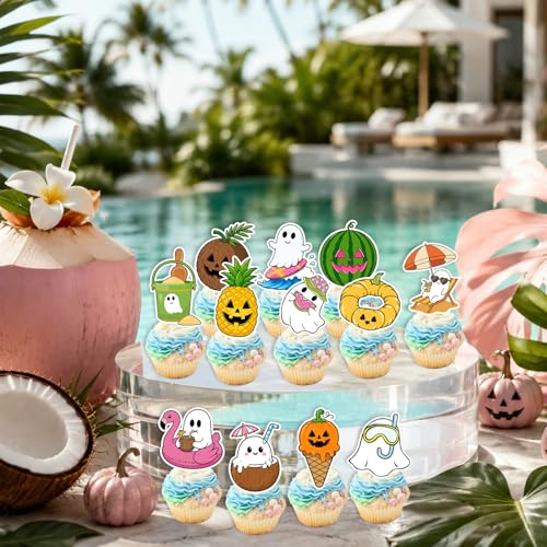 Summer Halloween Cupcake Toppers Set - 24 Assorted Beach & Ghost Designs for Birthday & Party Decor