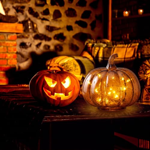 Glooglitter Mercury Glass Pumpkin Light LED Halloween Decor - Small Amber, Round
