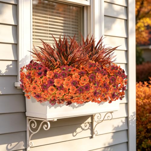 Artificial Fall Flowers Set with UV-Resistant Mums & Plants - Red Orange
