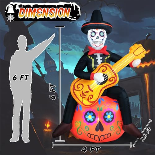 Halloween Inflatable Decoration 6 FT Spooky Sugar Skull Guitar Pumpkin with LED Lights - Day of The Dead Yard Decor