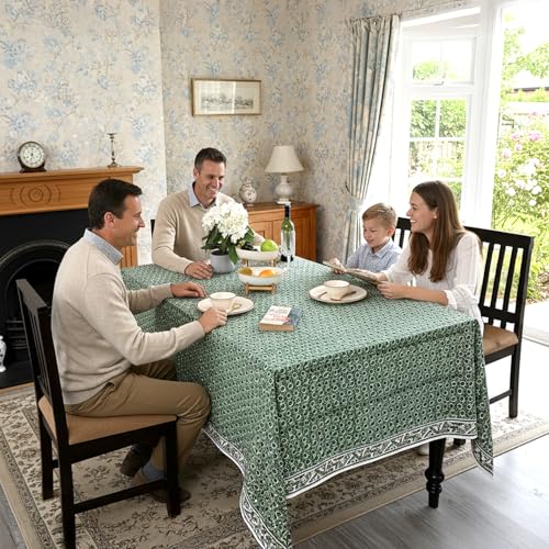 Ridhi Green 60x60 Inch Cotton Square Tablecloth - Hand Block Print, Fall & Holiday Decor