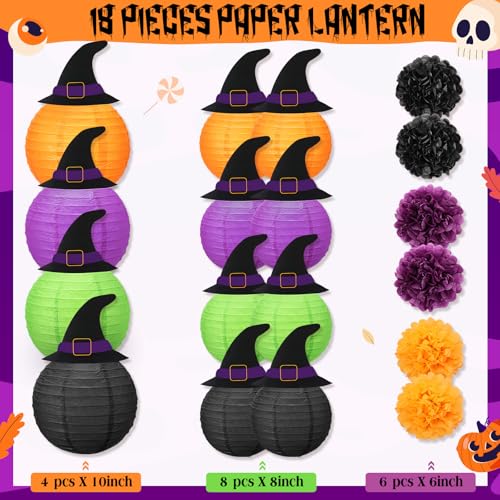 Halloween Paper Lanterns Decorations Kit with Witch Hats and Pom Poms - Indoor Outdoor Party Supplies