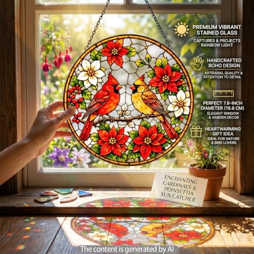 Red Birds Stained Glass Window Hanging Ornament - Suncatcher for Doors & Home Decor - Variation 7.8in