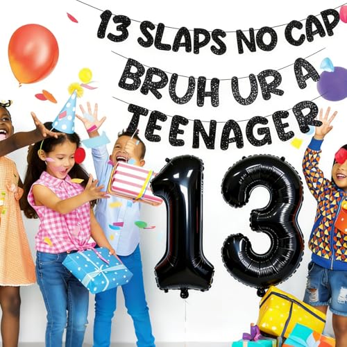 Black 13th Birthday Decorations for Boys Balloon Banner & Number 13 Foil Balloon