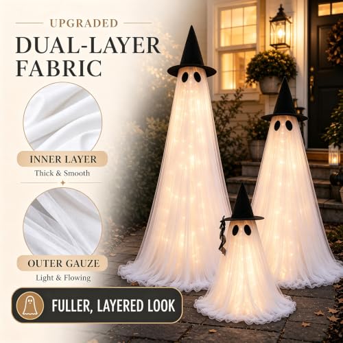 Light Up Ghost Halloween Decorations Outdoor - 3 Pack Adjustable Tall & Small Ghosts with Remote