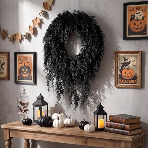 Black Halloween Cedar Wreath 20 Inch Artificial Seasonal Decoration for Front Door & Wall