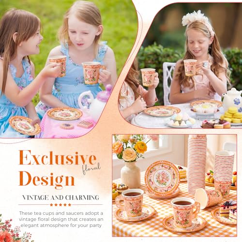 Disposable Floral Paper Tea Cups & Saucers Set - 7 oz Orange for Tea Party