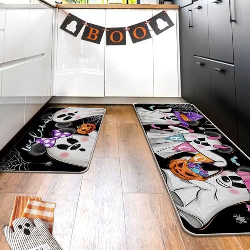 Halloween Ghost Kitchen Rugs Set of 2 - Non-Slip Decorative Doormat with Jack O Lantern & Spider Web Pattern - Variation: Ghost