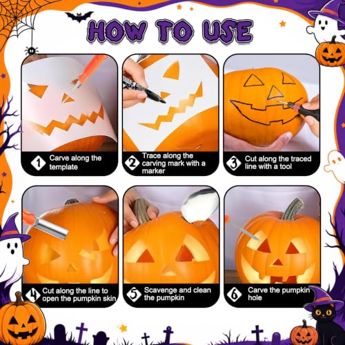 Halloween Pumpkin Carving Kit with Stencils & Tote Bag - Witch Owl Variation 80 pcs