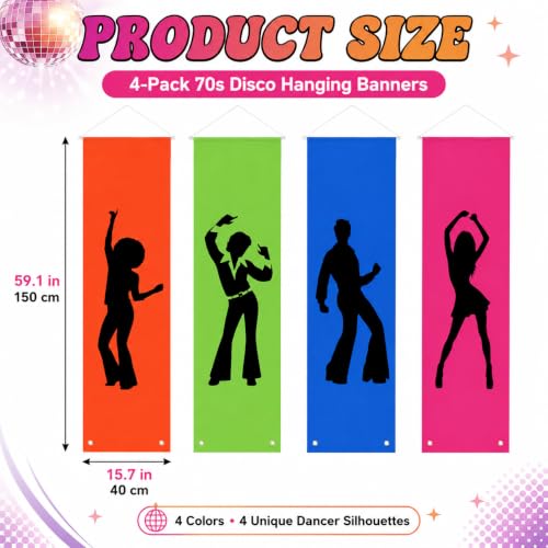 Disco Party Decorations Neon Hanging Banners - 4 Pack, 59 x 15.7 Inches