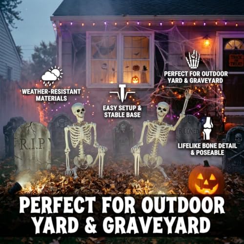 2-Pack 3FT Life Size Posable Halloween Skeletons with Movable Joints for Outdoor Yard Decor