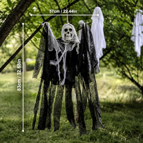 2 Pack Halloween Ghost Decorations with LED Glowing Skull and Gauze Cape - Outdoor Indoor Spooky Hanging Decor - Vari 2