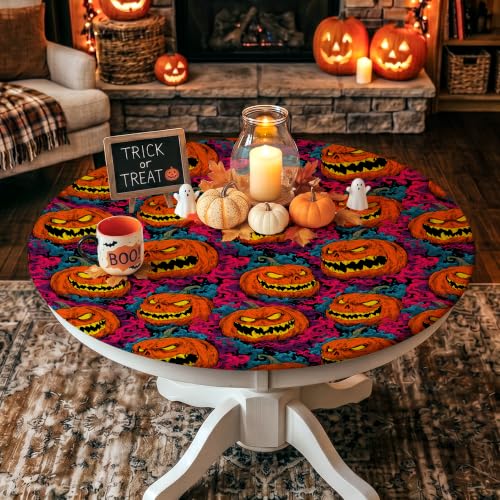 Halloween Fitted Round Tablecloth 49-52 Inch with Pumpkin Head Design - 52 Inches