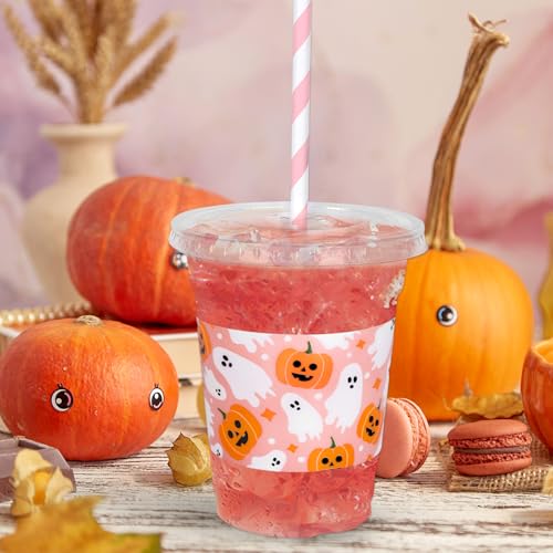 Pink Halloween Disposable Plastic Cups with Lids and Straws - 50 Pack, 12 oz