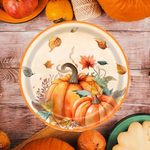 Fall Harvest Pumpkin & Maple Leaf Disposable Paper Plates - 16 Pack, 7 Inch Thanksgiving Party Dinnerware
