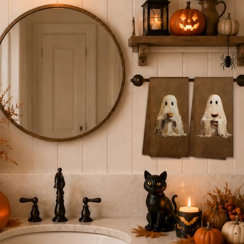 Halloween Ghost Coffee Bar Kitchen Towels Set of 2 - Rustic Whimsical Dishcloths - Ghost5 Variation
