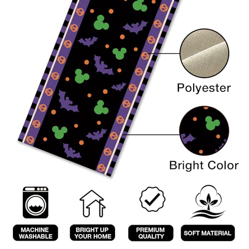 Halloween Bat Table Runner 13x90 Inch with Skull & Polka Dot Design - Black Purple