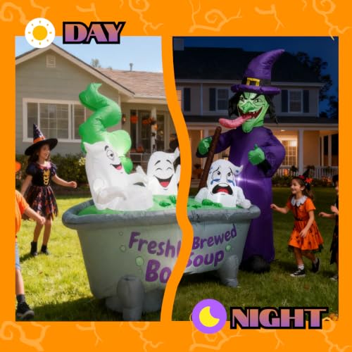 6ft Halloween Inflatable Witch Cauldron with Ghosts RGB LED Lights Yard Decor