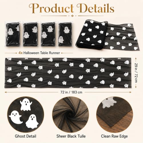Halloween Ghost Table Runner Set - Black Mesh, 29x72 Inches, 4 Pieces - Ghost & Black Variation