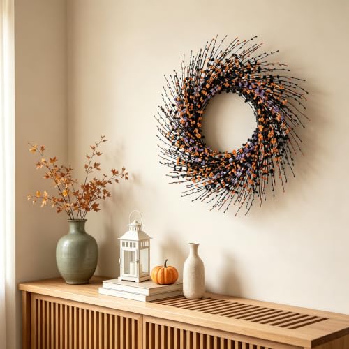 24-Inch Halloween Wreath Black Orange Purple Front Door Decor - Handmade, Reusable Seasonal Decoration