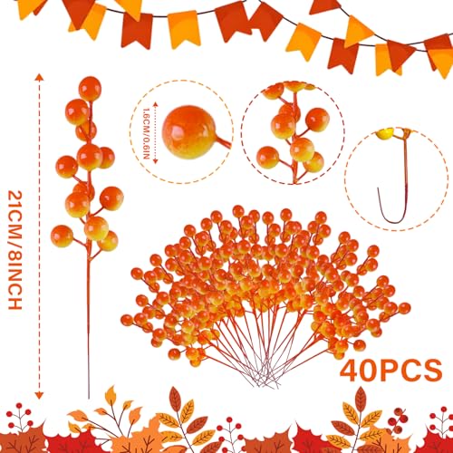 Artificial Berry Stems - Fall Holly Berries for Autumn & Thanksgiving Decor