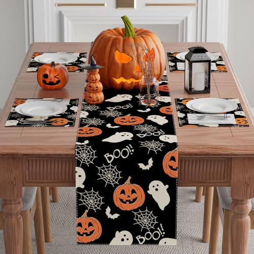 Halloween Ghost Pumpkin Table Runner - 13x36 Inch Festive Decor - XCHI