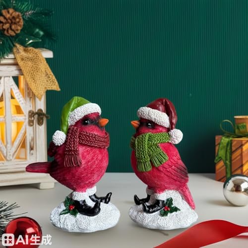 Christmas Cardinal Figurine - Red Birds Holiday Tabletop Decor, Indoor Outdoor