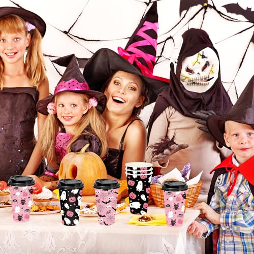 Pink Halloween Disposable Coffee Cups with Lids - 12oz Ghost Bat Pumpkin Set, 72 Pack