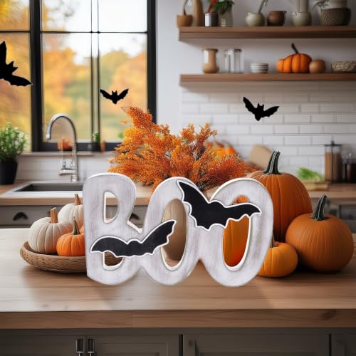 White Wooden Boo Sign Halloween Decor Indoor Table Centerpiece