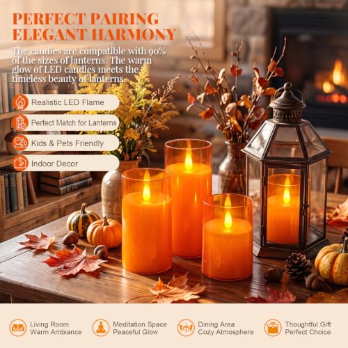 Raycare Flameless LED Pillar Candle 3 Pack - 3D Flame Timer Remote - Orange, D3xH4, 5, 6 Inches