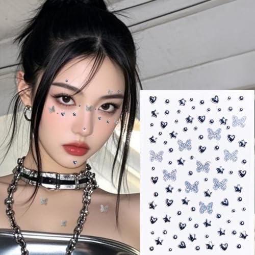 NOOEPC Face Gems Stickers - Silver Butterfly 2 Self-Adhesive Rhinestones for Makeup & Festivals