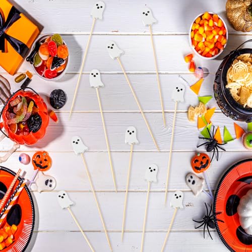 Halloween Ghost Cocktail Picks - 100 Bamboo Food Skewers for Party