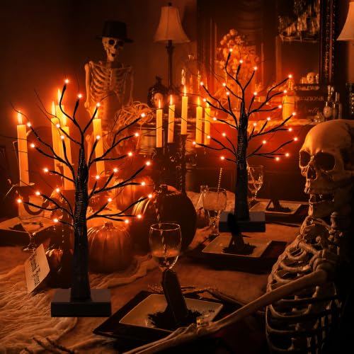 Halloween Decorations Indoor 2 Pack Black Tree with Orange Lights - 24in Timer