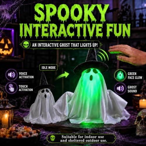 Animated Halloween Ghost Decoration with Sound & Green Face Glow - Interactive Spooky Decor