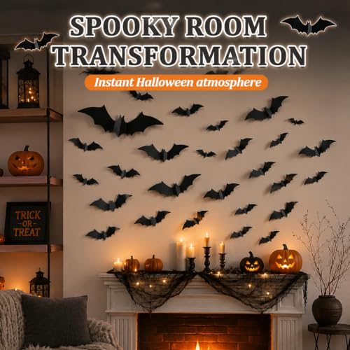 3D Bat Wall Decor Halloween Stickers - 140 Pieces, Realistic & Reusable