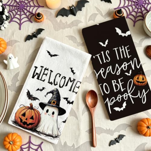 Halloween Kitchen Towels Set - Ghost Pumpkins and Bats Decor, Ultra-Soft & Absorbent