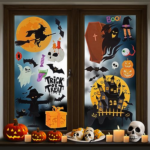 Halloween Window Clings 6 Sheets - Colorful Ghost Spider Witch Haunted House Decorations