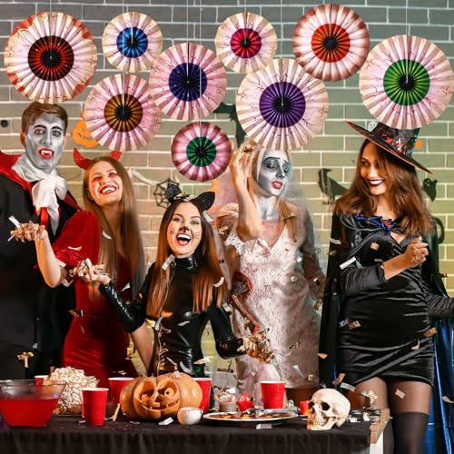 Halloween Eyeball Paper Fan Decorations - 9 Pcs Spooky Hanging Fans, Various Sizes