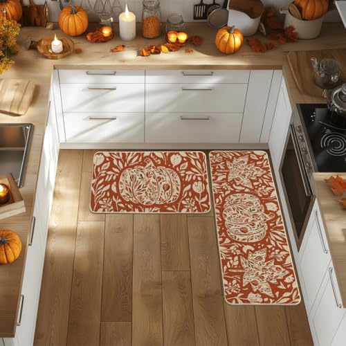 Orange Fall Kitchen Mats Set of 2 - 17x29 & 17x47 Non-Slip Decor