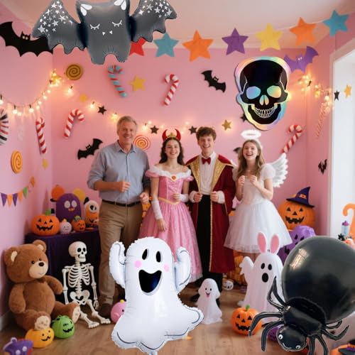 Halloween Foil Balloons Ghost Bat Skull Spidey Balloon Set - Black & White, 4 Pcs