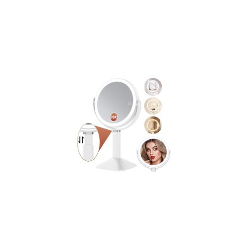 Glowtop Lighted Makeup Mirror with Lights, Height Adjustable 30X Magnifying Vanity Mirror with 4000mAh Rechargeable Battery & 3 Colors Dimming Light for Desktop Bathroom Bedroom