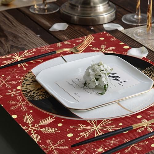 Christmas Snowflake Placemats Set of 6 - Dark Red Burlap Double-Sided Holiday Table Mats - Variation of THIS listing