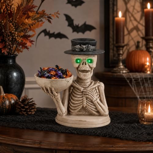 Ivory Skeleton Candy Bowl and Candle Holder with Glowing Eyes - Halloween Decor